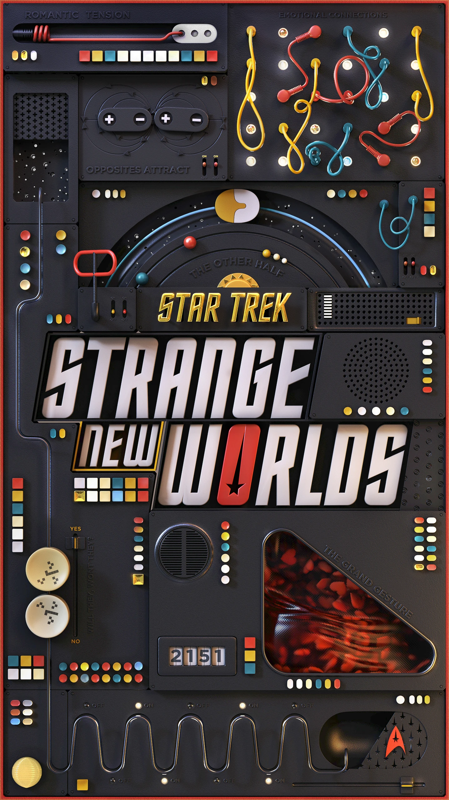 Star_Trek_Stills01 3D artwork for Star Trek: Strange New Worlds featuring a retro-futuristic control panel with colorful mechanical details.