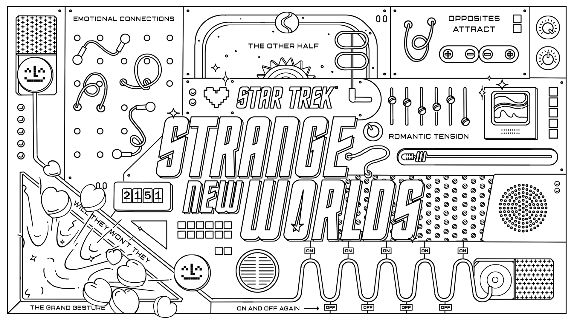 Star_Trek_Stills02 Black and white concept illustration of the Star Trek: Strange New Worlds control panel design.