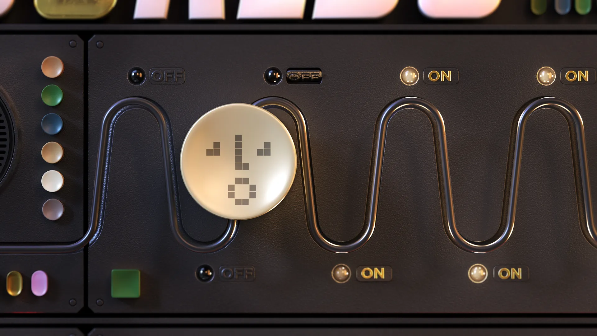 Star_Trek_Stills18 Close-up of a winding metallic track, illuminated switches and a pixelated sad face.