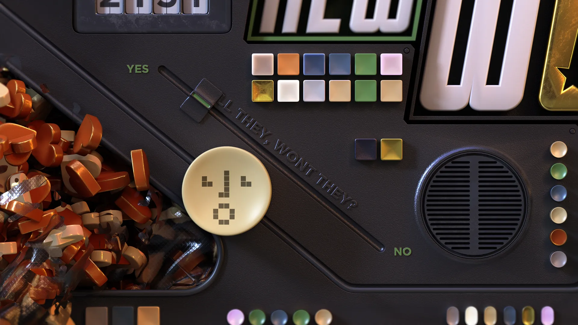 Star_Trek_Stills20 Close-up of orange 3D hearts, colorful buttons and a playful mechanical control panel.