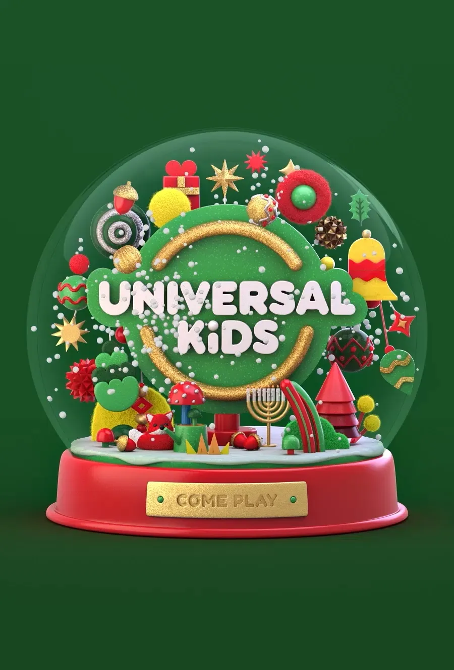 Colorful 3D Christmas snow globe featuring the Universal Kids logo, surrounded by playful holiday decorations, candy canes, ornaments, and miniature gifts, created for Universal Kids Holiday Intros.