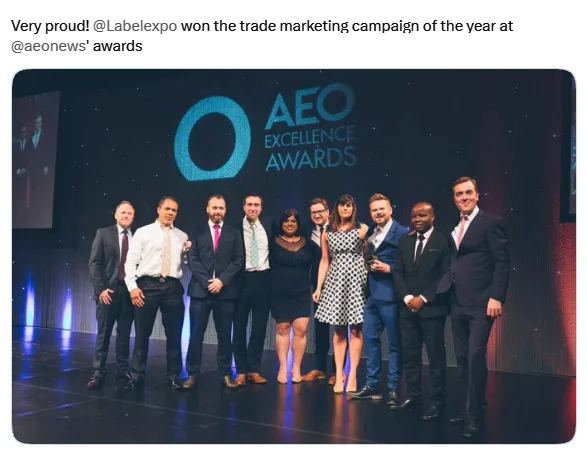 About_Still09B Group photograph onstage at the AEO Excellence Awards in London, recognizing Morphine's work for Labelexpo.