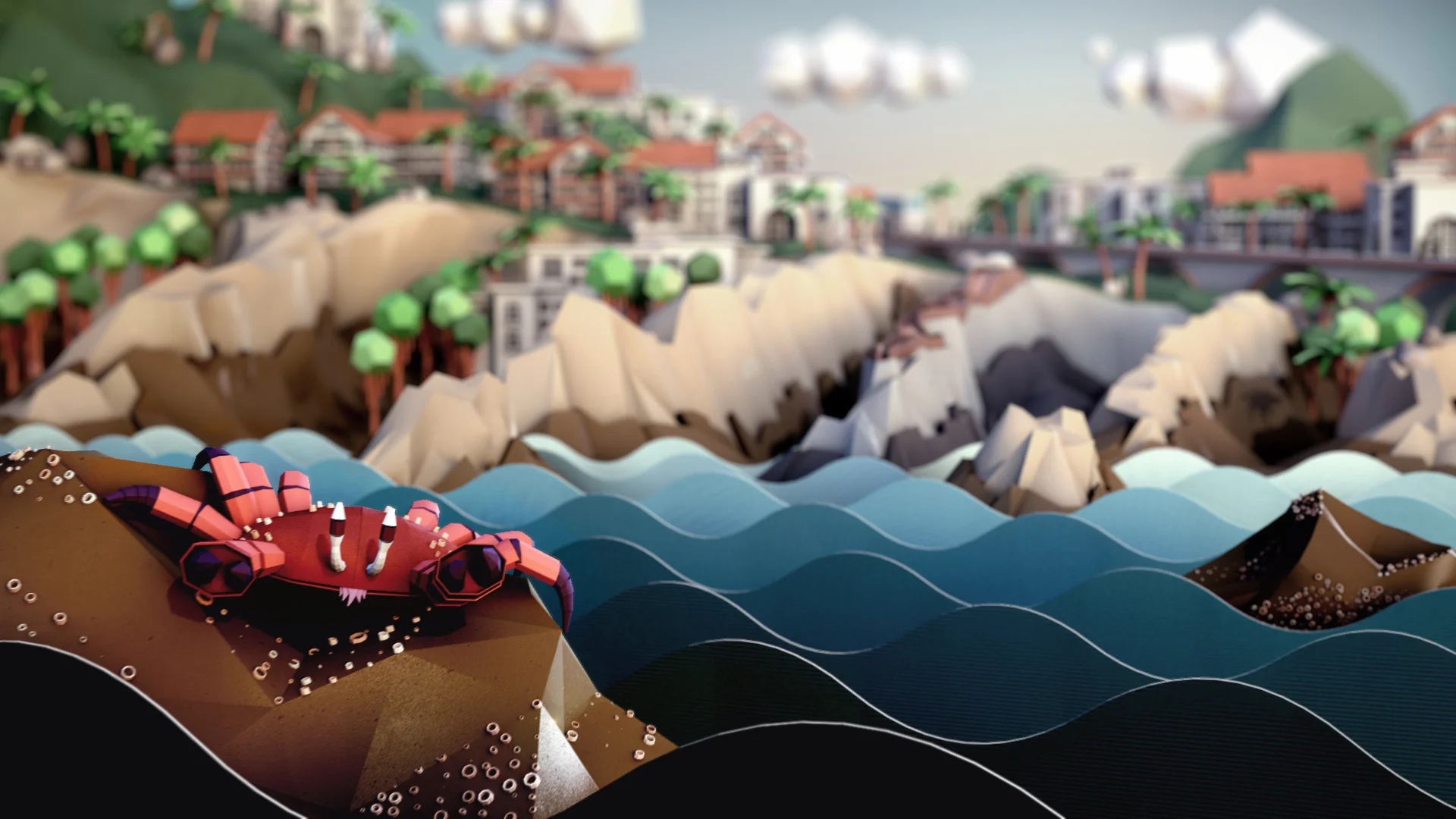 Paper-craft coastal landscape featuring a red crab on the rocks, layered blue waves, mountains and a miniature Mexican town.