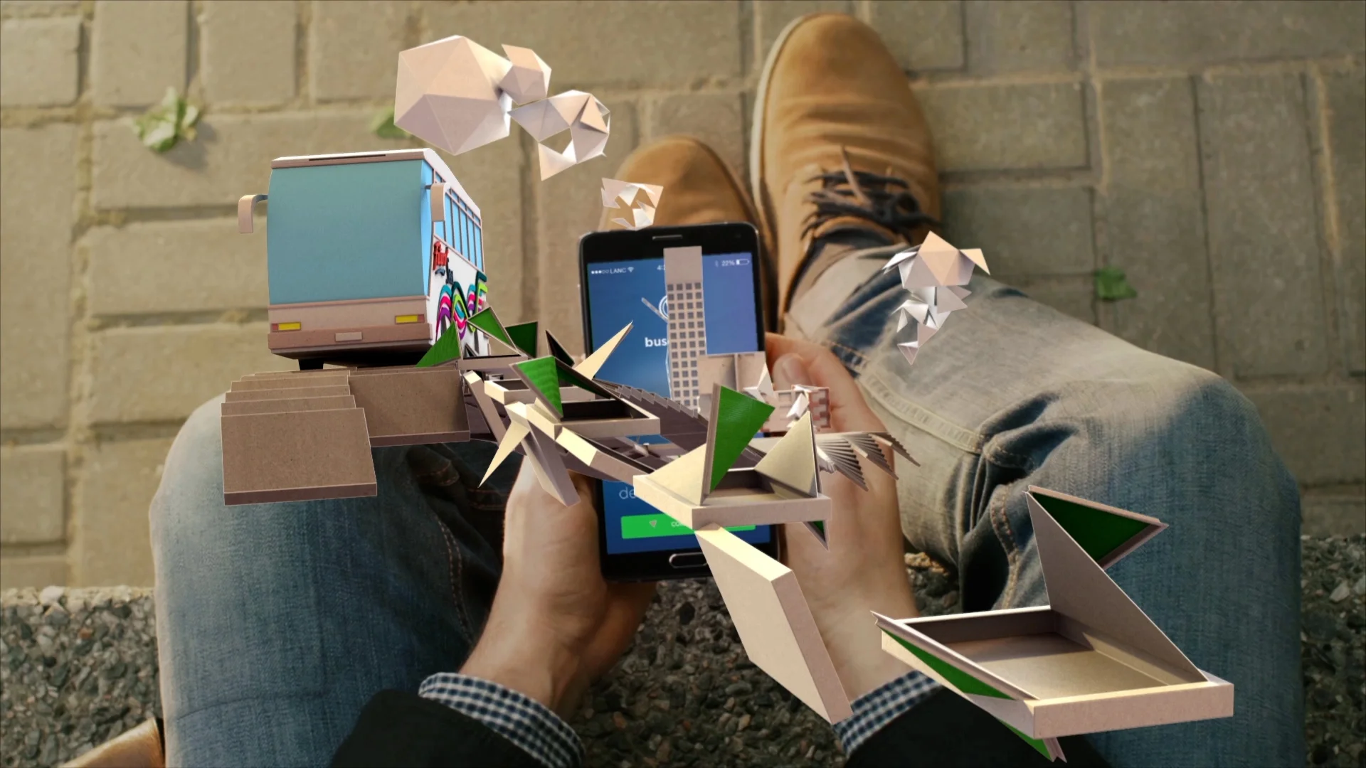 Person holding a smartphone surrounded by animated paper-craft elements, including a bus, geometric clouds and folded paper shapes.