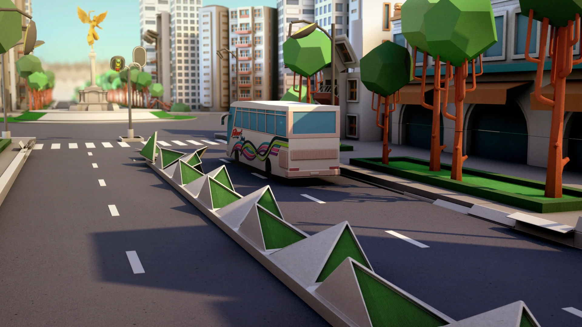 Stylized bus traveling through a colorful Mexican city with geometric trees, modern buildings and a golden angel monument.
