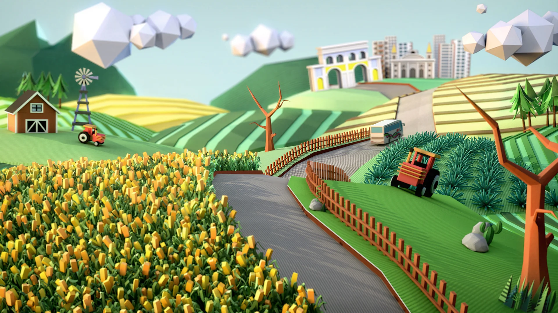 Paper-craft countryside featuring green hills, cornfields, tractors and a bus traveling along a winding road in Mexico.