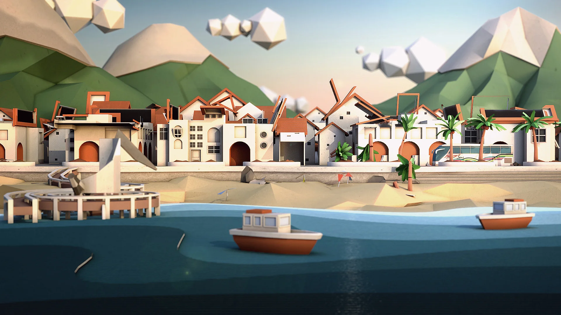 Colorful coastal town made from layered paper shapes, featuring white houses, palm trees, boats and a mountainous landscape.