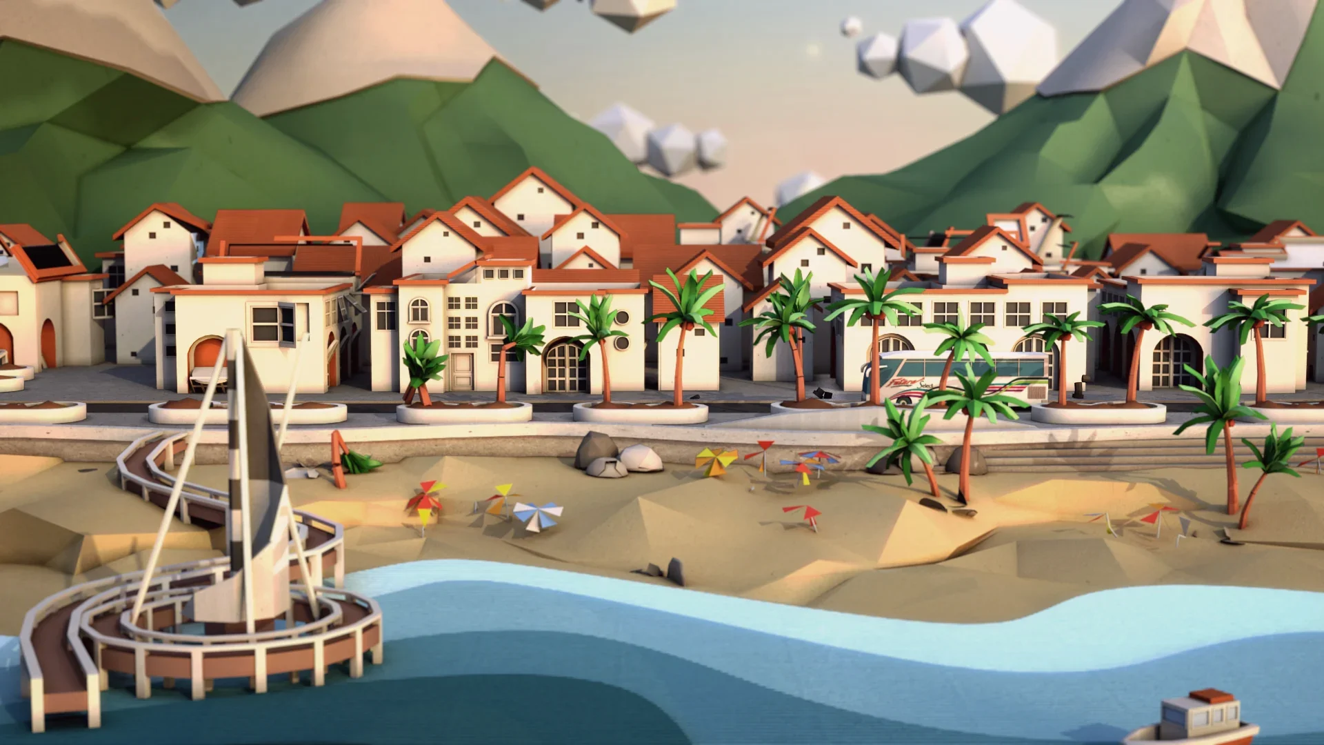 Paper-craft Mexican beach town with palm trees, colorful umbrellas, white buildings and geometric mountains.