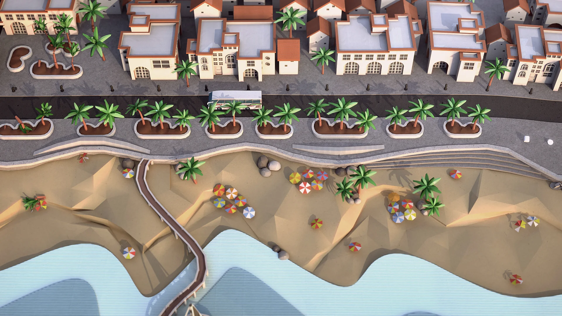 Aerial view of a stylized coastal town featuring a seaside promenade, palm trees, beach umbrellas and a bus on the road.