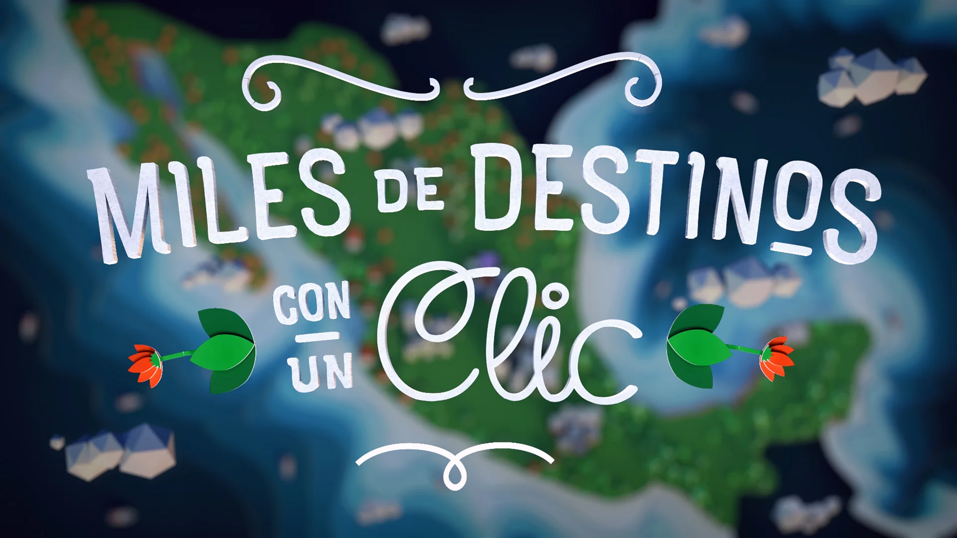 Busolínea animation end card displaying the Spanish message “Miles de destinos con un clic” over a colorful map-inspired background.
