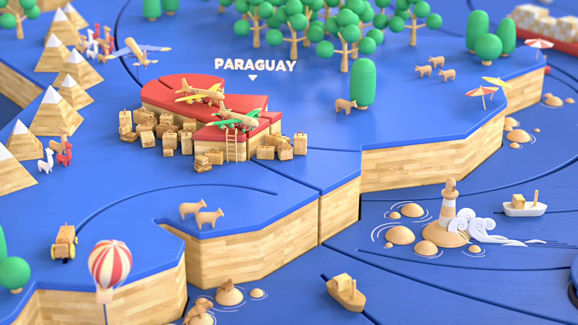GG_Still02 Miniature wooden travel map featuring Paraguay, colorful toy airplanes, luggage, animals and stylized landscapes.