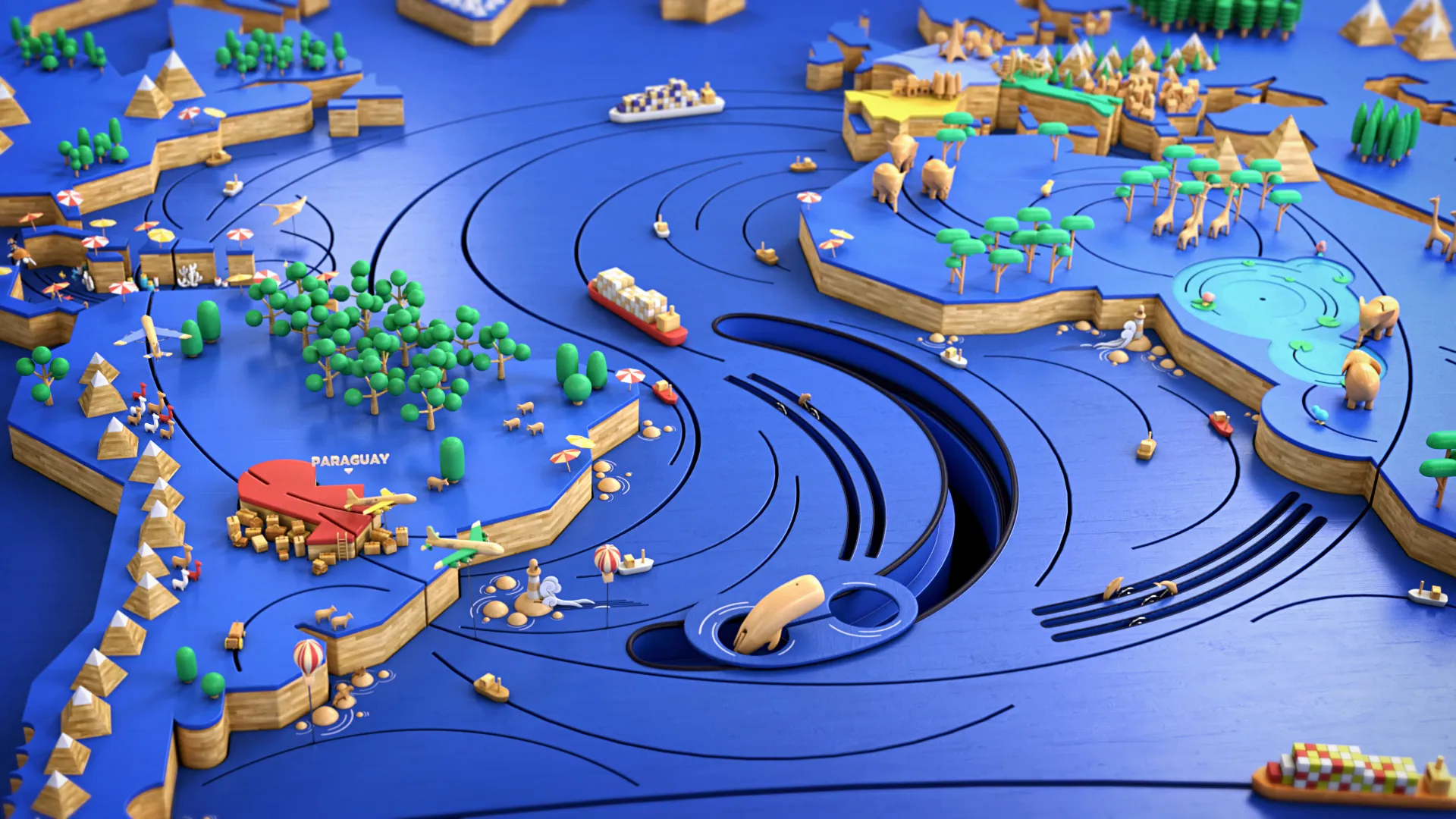 GG_Still04 Aerial view of a colorful wooden board game featuring miniature travel destinations, trees, animals and winding paths.