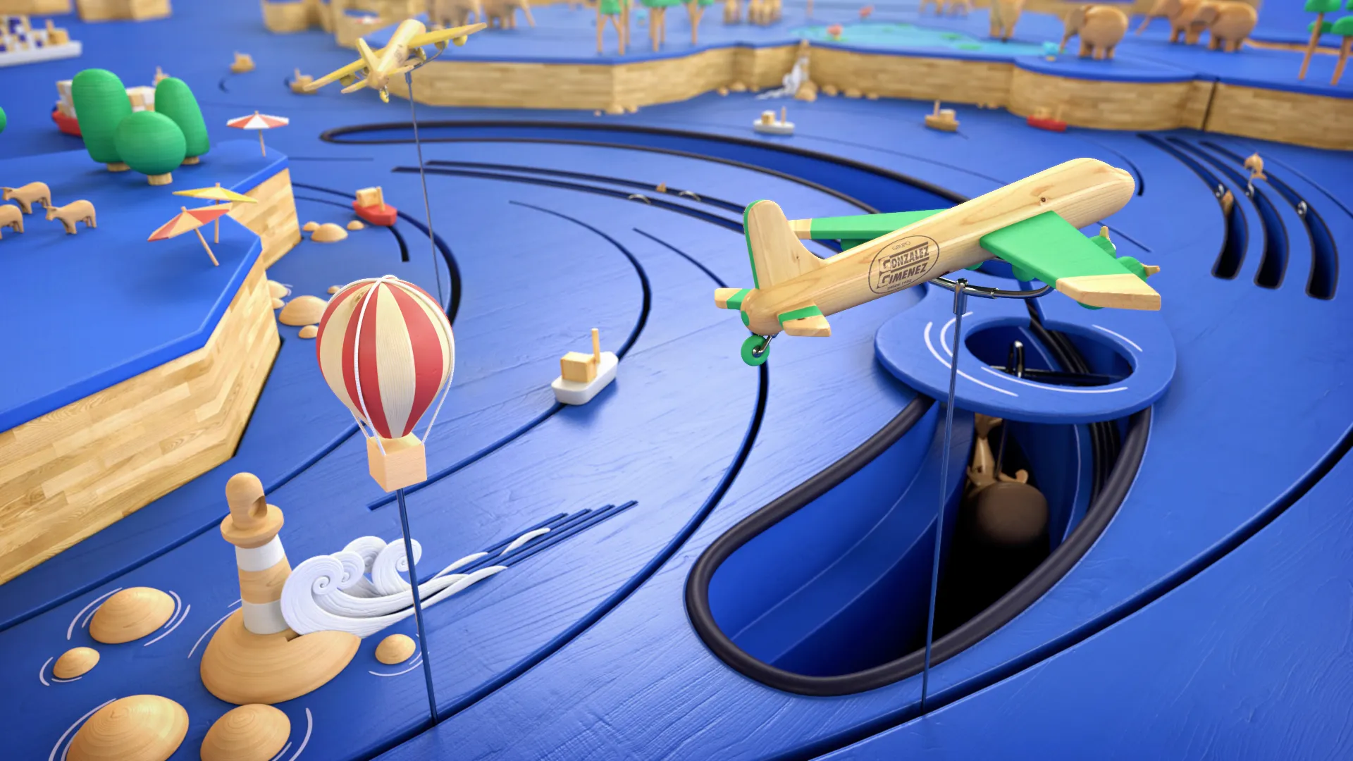 GG_Still05 Wooden toy airplane flying above a blue game board with a striped hot air balloon and miniature landscapes.