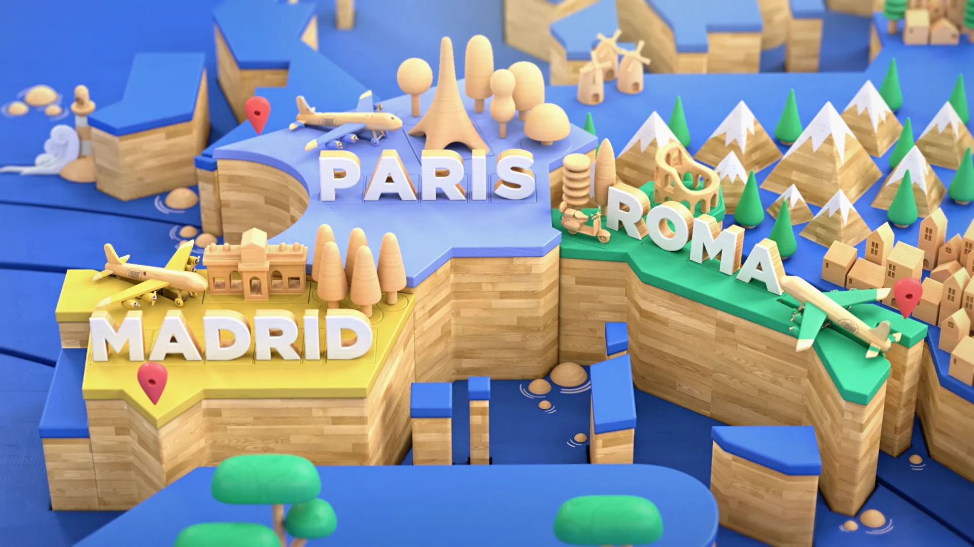 GG_Still09 Miniature wooden travel destinations labeled Madrid, Paris and Roma, surrounded by mountains, trees and toy airplanes.