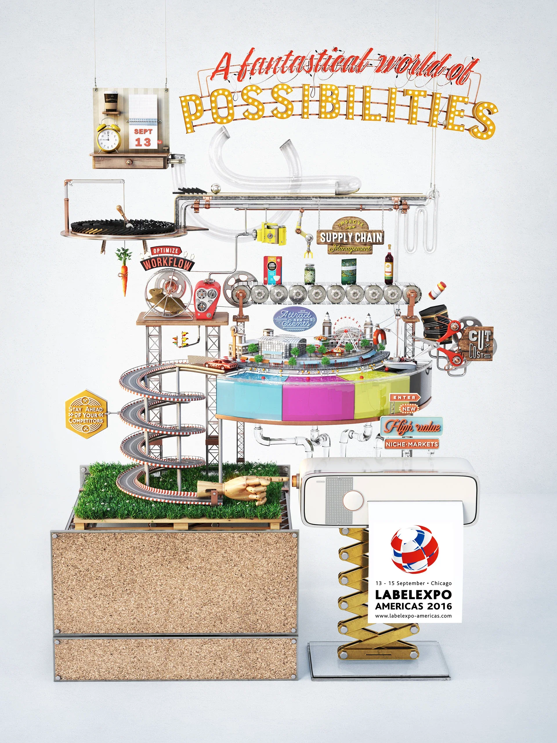 LabelExpo_Americas_Still01 Complete 3D chain reaction machine created for Labelexpo Americas 2016, combining mechanical devices, conveyor belts and miniature environments.