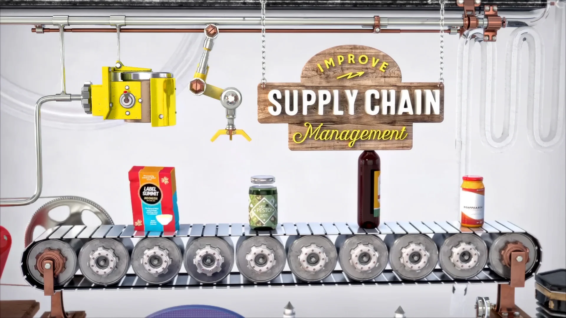 LabelExpo_Americas_Still06 Conveyor belt carrying packaged products beneath a Supply Chain Management sign and a mechanical robotic arm.