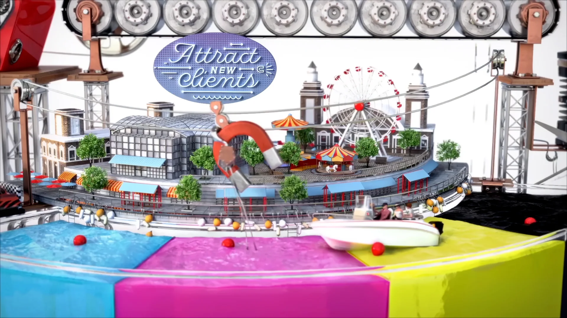 LabelExpo_Americas_Still08 Miniature waterfront amusement park with a Ferris wheel, carousel and magnet beneath an Attract New Clients sign.