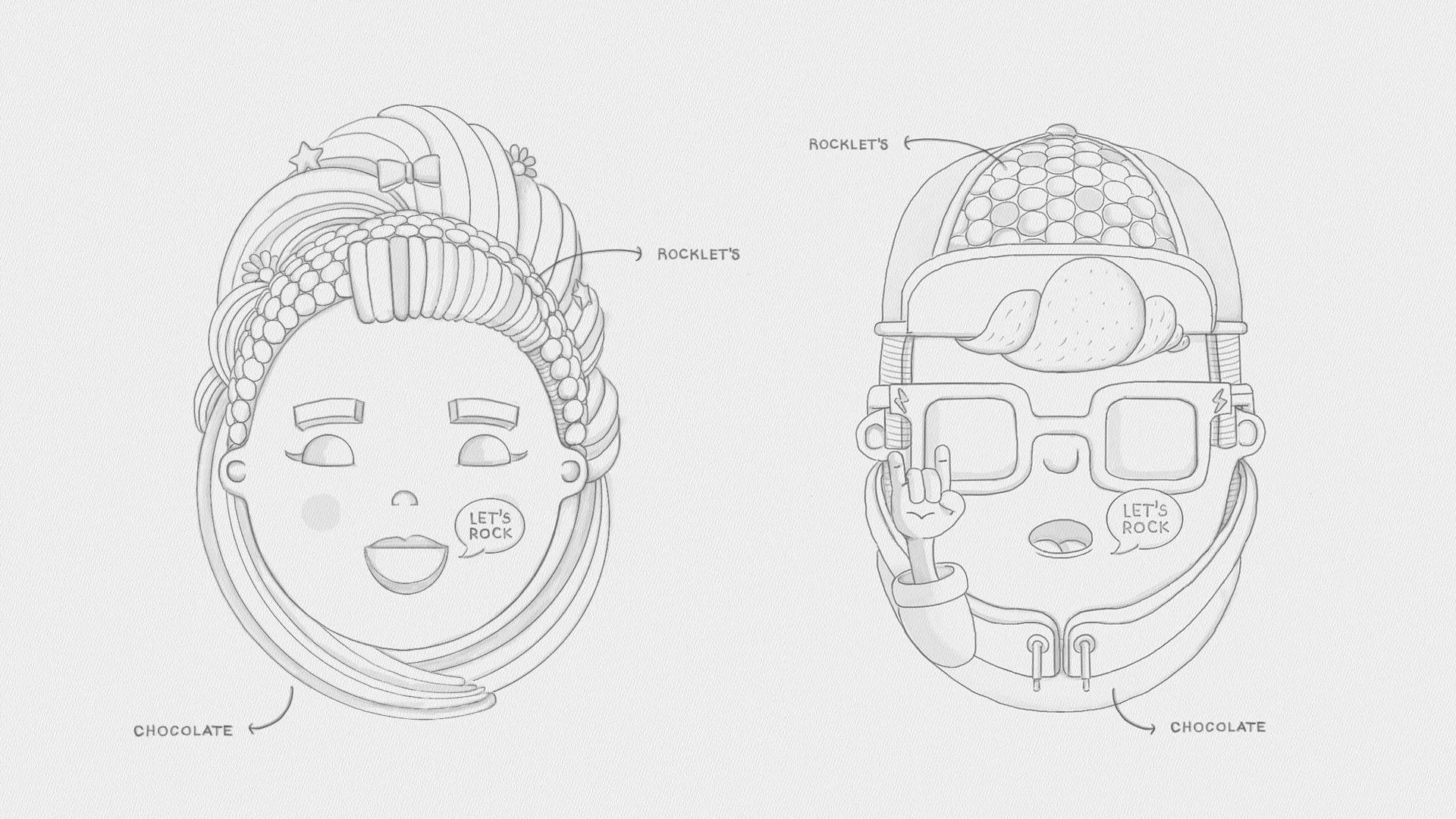 Rocklets_Still02 Pencil concept sketches of two chocolate Easter egg characters wearing candy accessories, glasses and headphones.