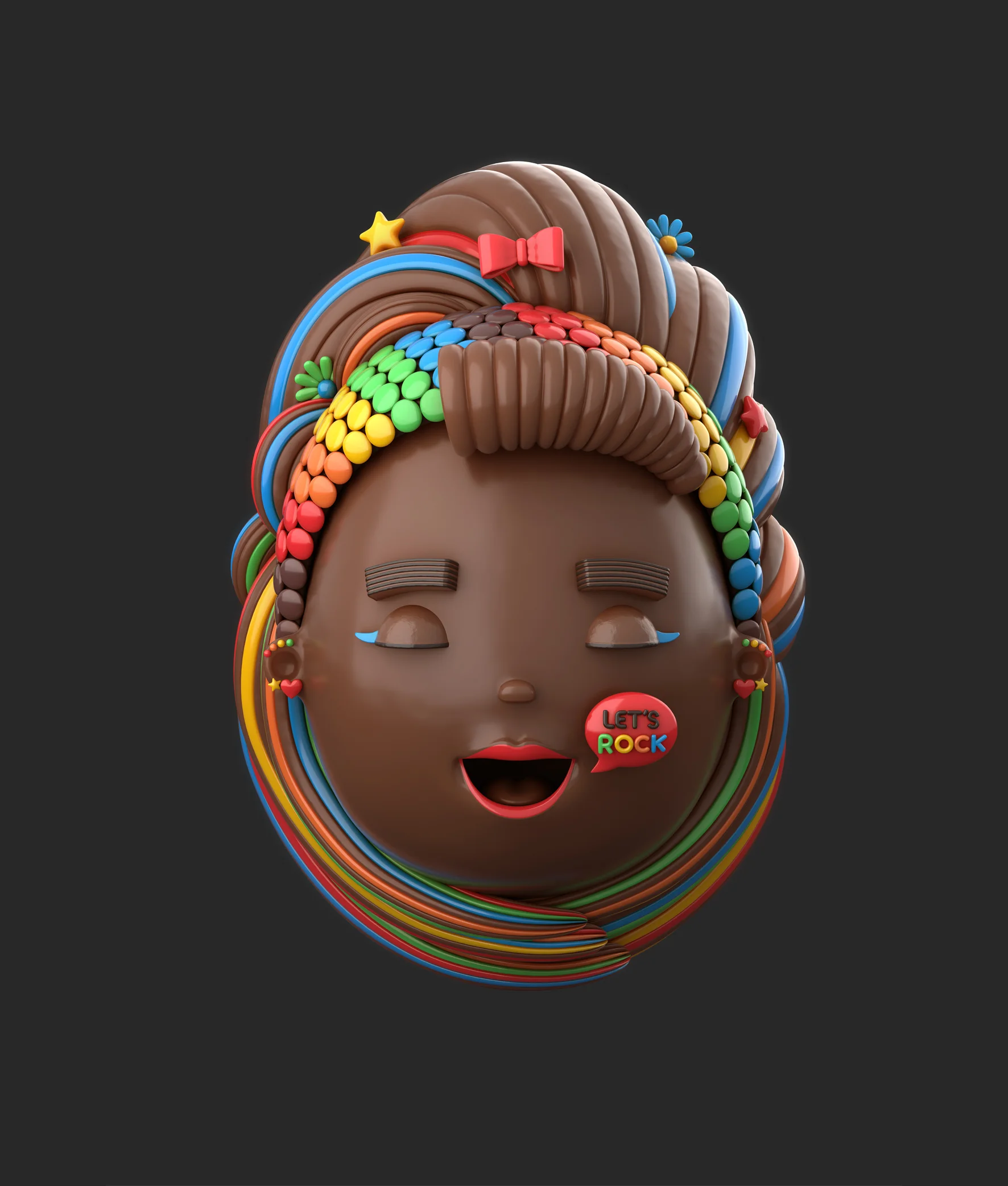 Rocklets_Still03 3D illustration of a smiling chocolate girl with colorful candy hair, ribbons and a Let's Rock sticker on her cheek.