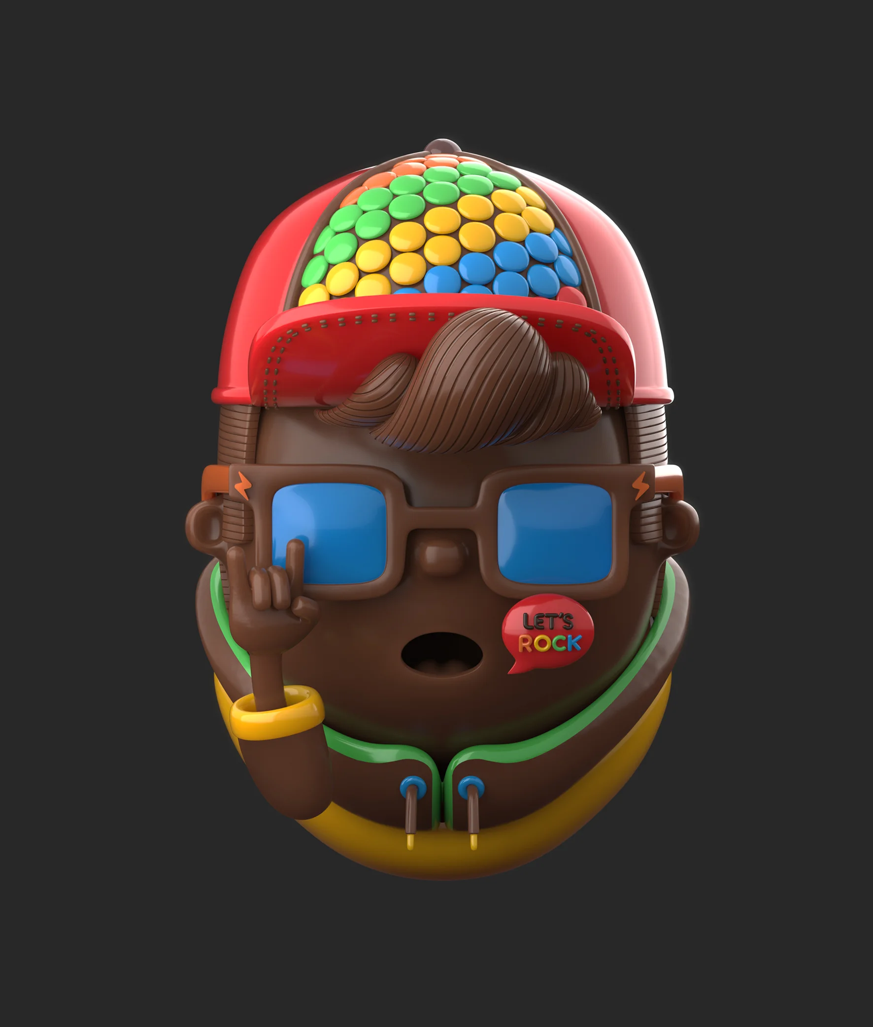 Rocklets_Still04 3D illustration of a chocolate boy wearing a red cap, blue sunglasses and headphones decorated with Rocklets candies.