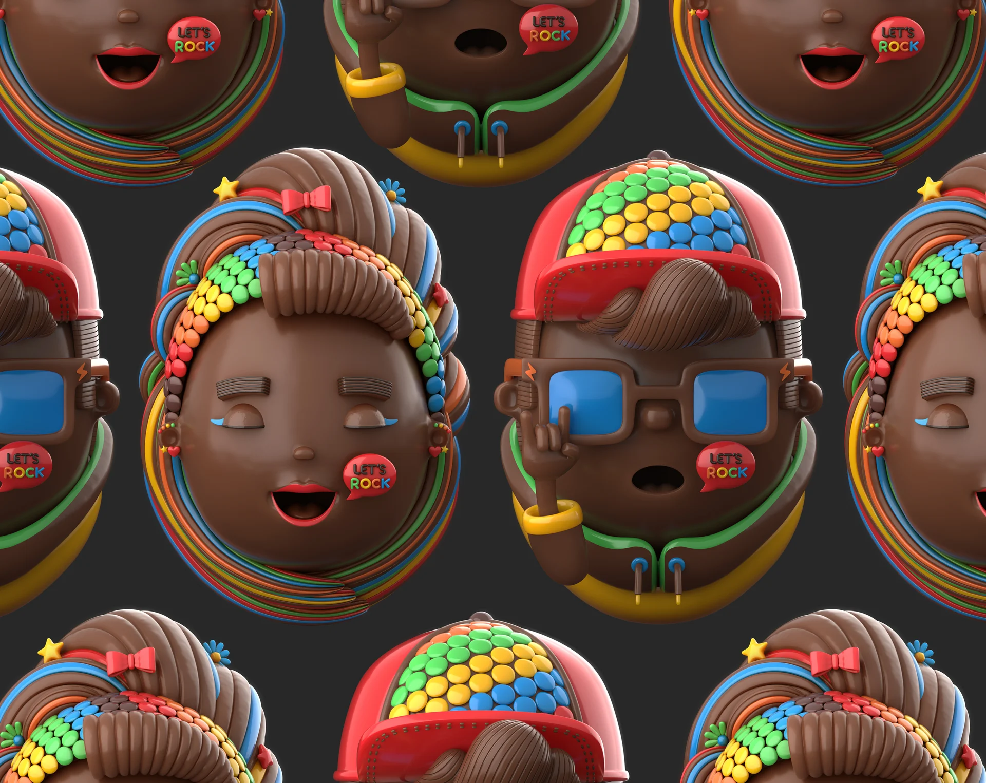 Rocklets_Still05 Repeating pattern of two chocolate Easter egg characters with colorful candy details against a dark background.