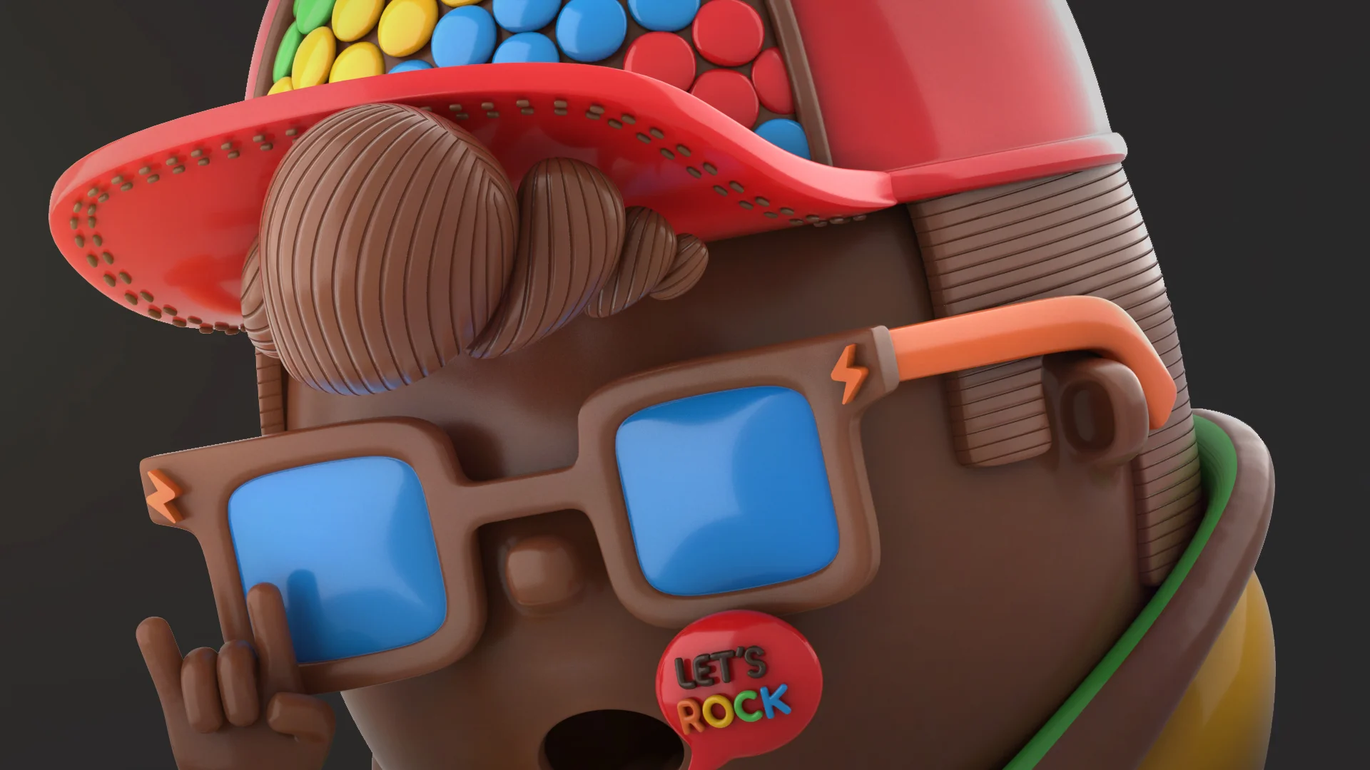 Rocklets_Still06 Close-up of the chocolate boy character wearing oversized blue sunglasses and a red cap, making a rock hand gesture.