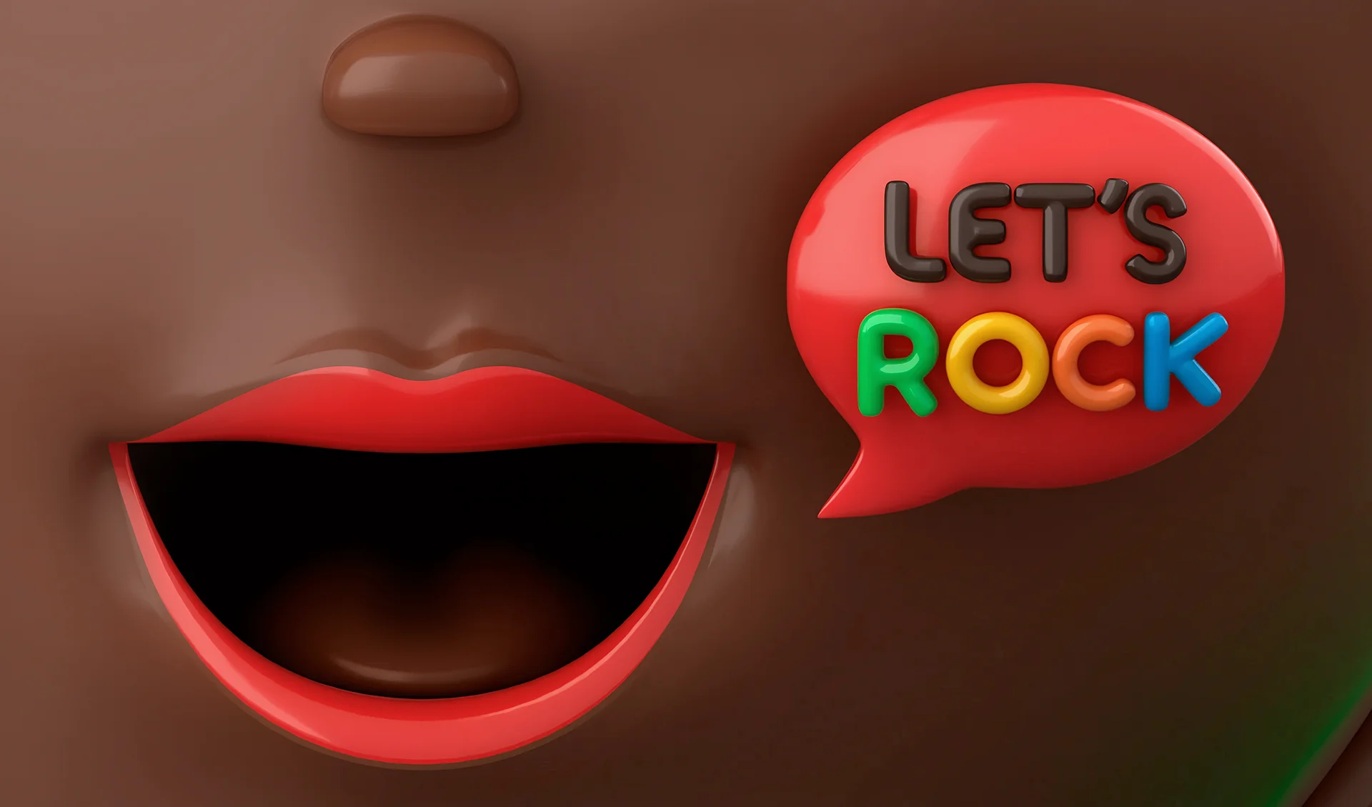 Rocklets_Still07 Close-up of the chocolate girl character's smiling mouth and colorful Let's Rock speech bubble.