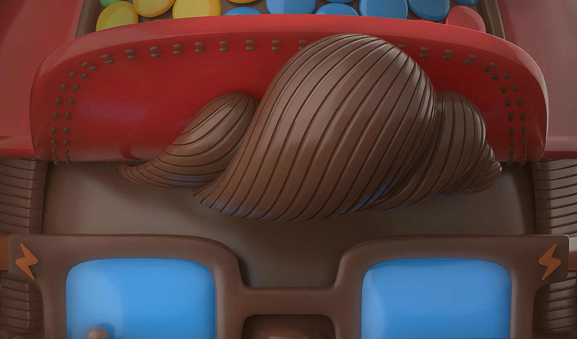 Rocklets_Still08 Detailed close-up of sculpted chocolate hair, blue sunglasses and the red cap of the Rocklets boy character.