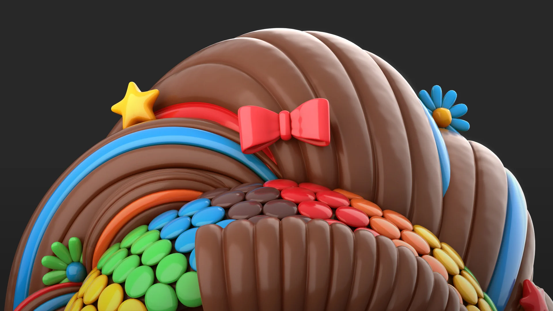 Rocklets_Still09 Close-up of the chocolate girl character's hairstyle decorated with colorful Rocklets candies, ribbons and flowers.