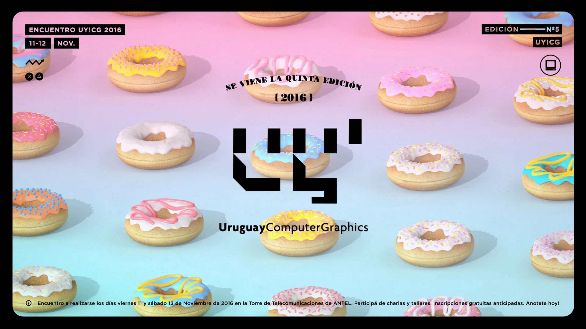 UYCG_Video_Still00b UY!CG 2016 promotional graphic featuring the event logo, dates and colorful 3D donuts on a pastel background.