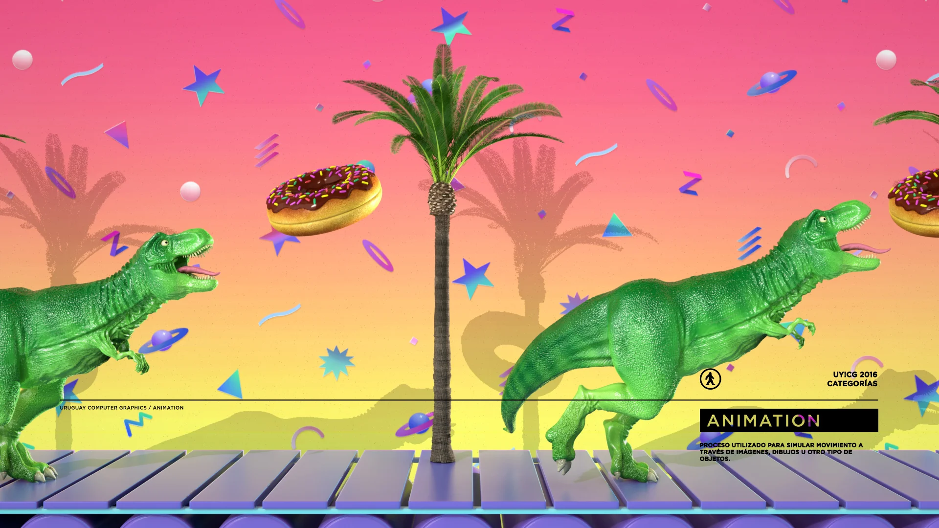 UYCG_Video_Still01 Two green 3D dinosaurs running through a colorful tropical scene with palm trees, floating donuts and geometric shapes.