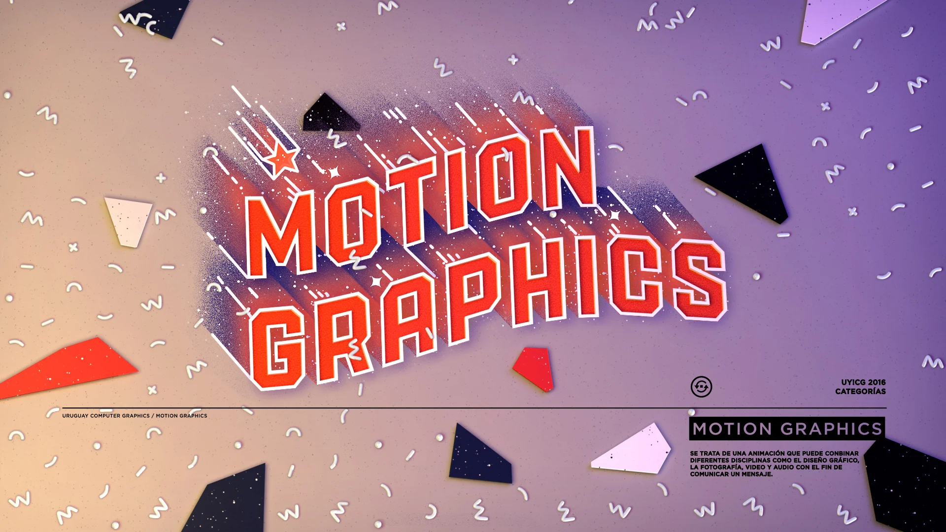 UYCG_Video_Still04 Bold red Motion Graphics typography surrounded by geometric shapes and playful graphic elements on a purple background.