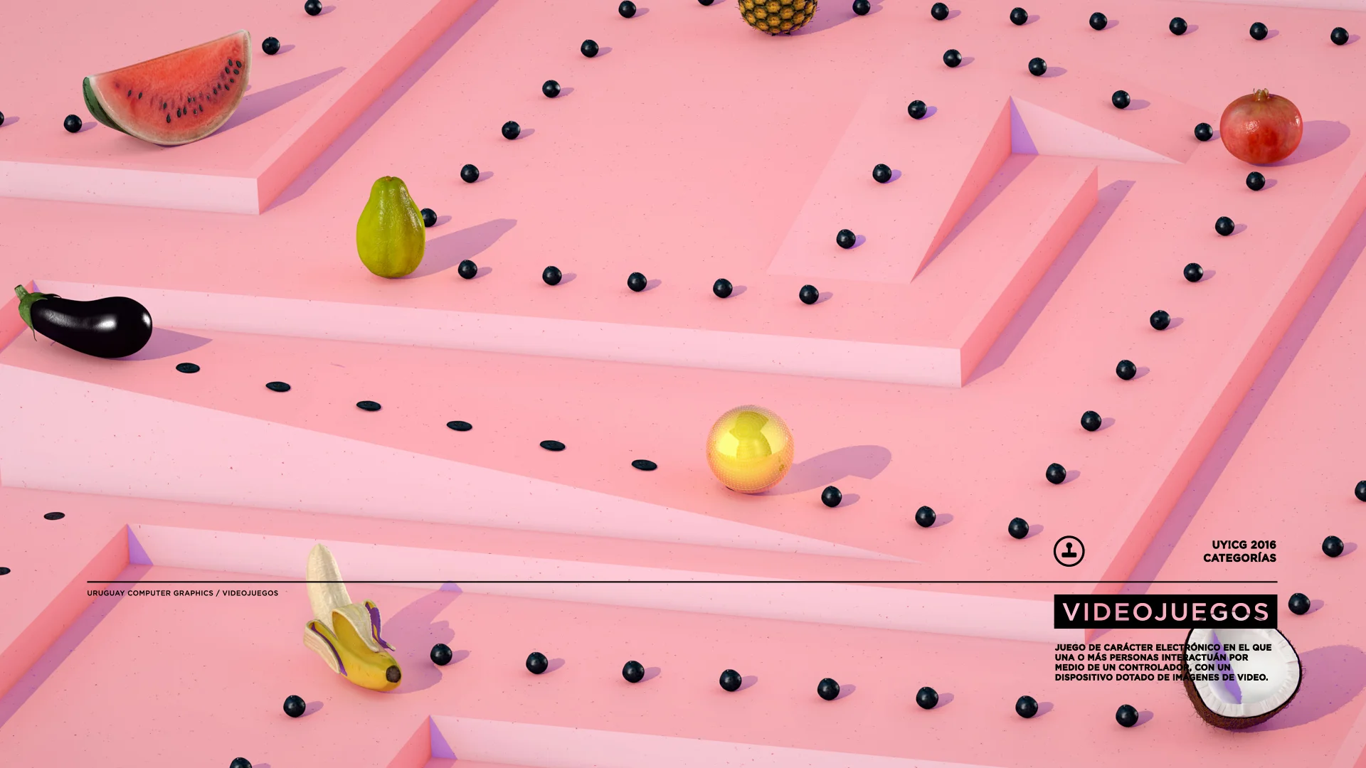 UYCG_Video_Still06 Playful pink 3D maze featuring fruit, black spheres and the Video Games category title for UY!CG 2016.