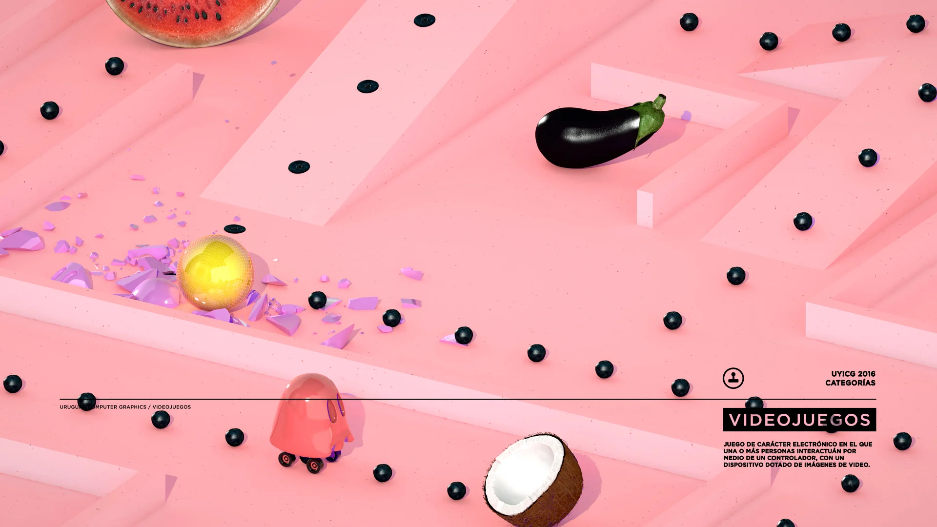 UYCG_Video_Still07 Close-up of a pink 3D maze featuring a glowing yellow ball, an eggplant, a coconut and scattered geometric elements.