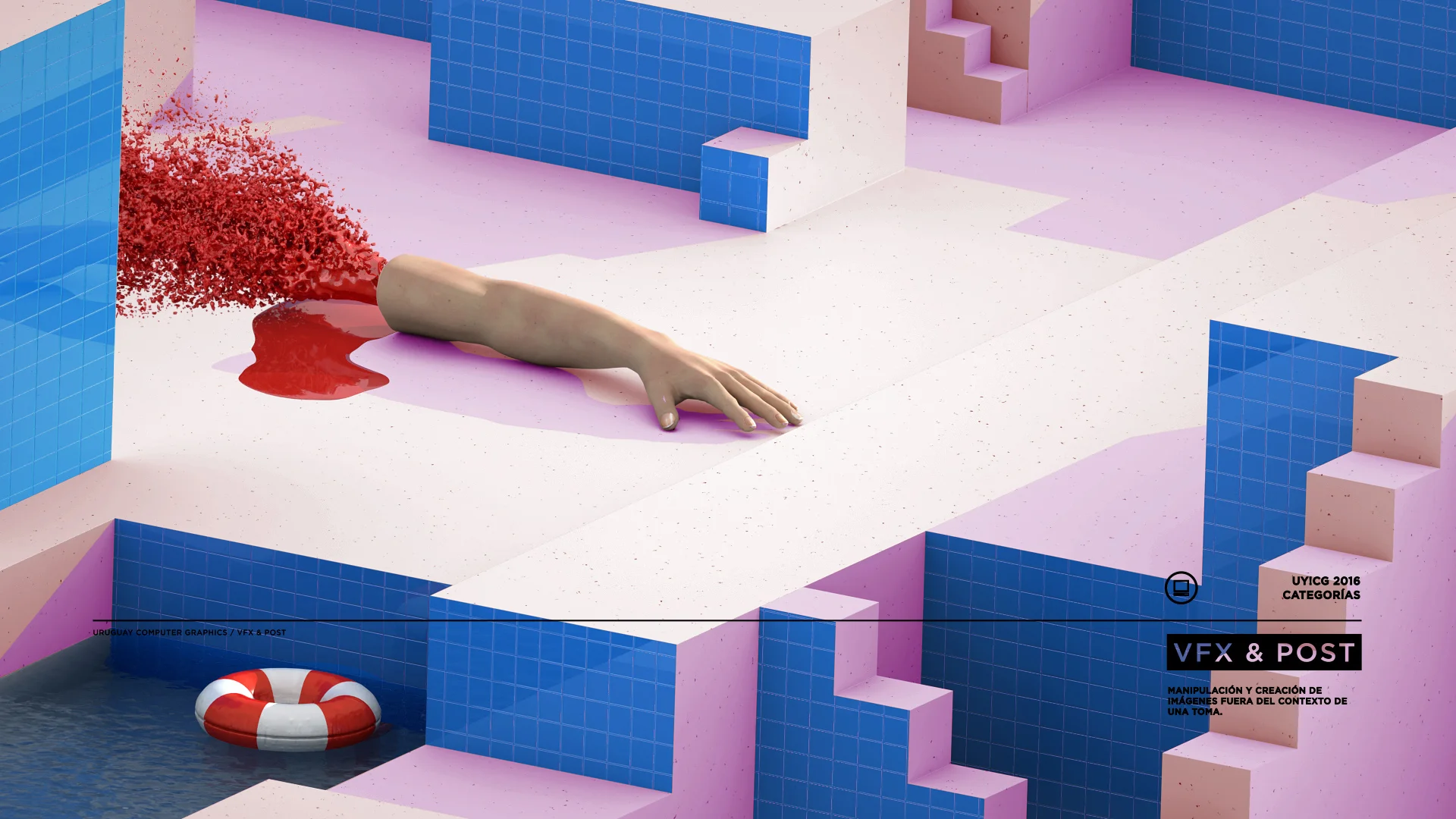 UYCG_Video_Still10 Surreal VFX scene featuring a realistic arm dissolving into red particles above a minimalist pink and blue tiled environment.