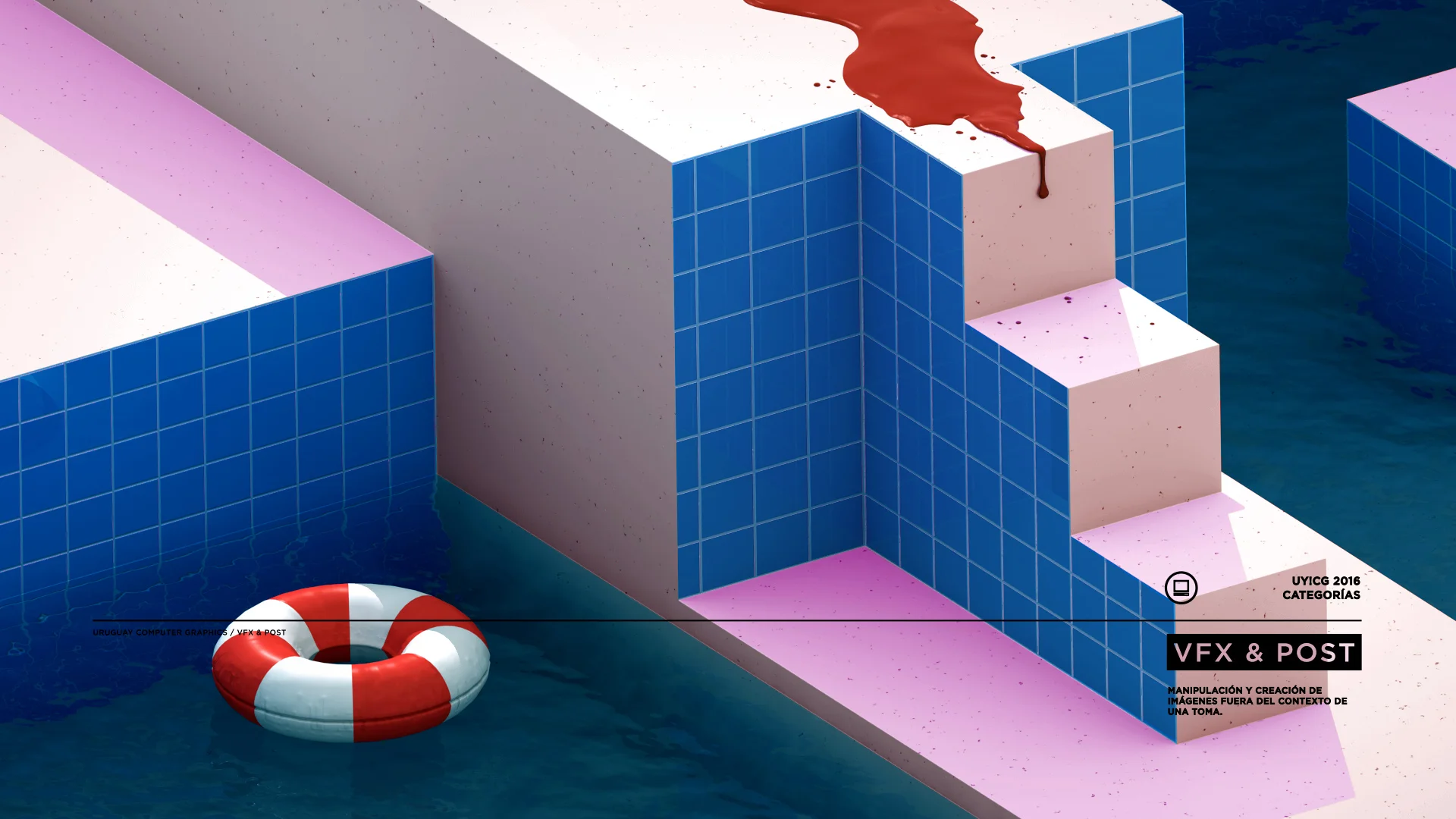UYCG_Video_Still11 Minimalist 3D pool environment featuring blue tiled steps, a red and white lifebuoy and red liquid spilling over an edge.